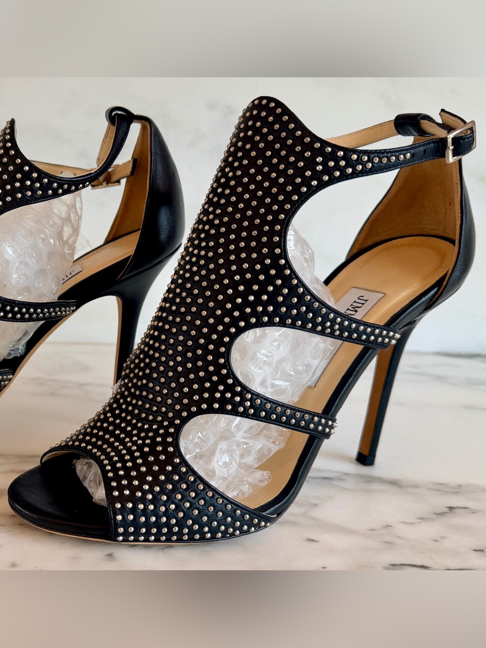Jimmy Choo: Studded Black High-Heel Cutout Sandals - Women's